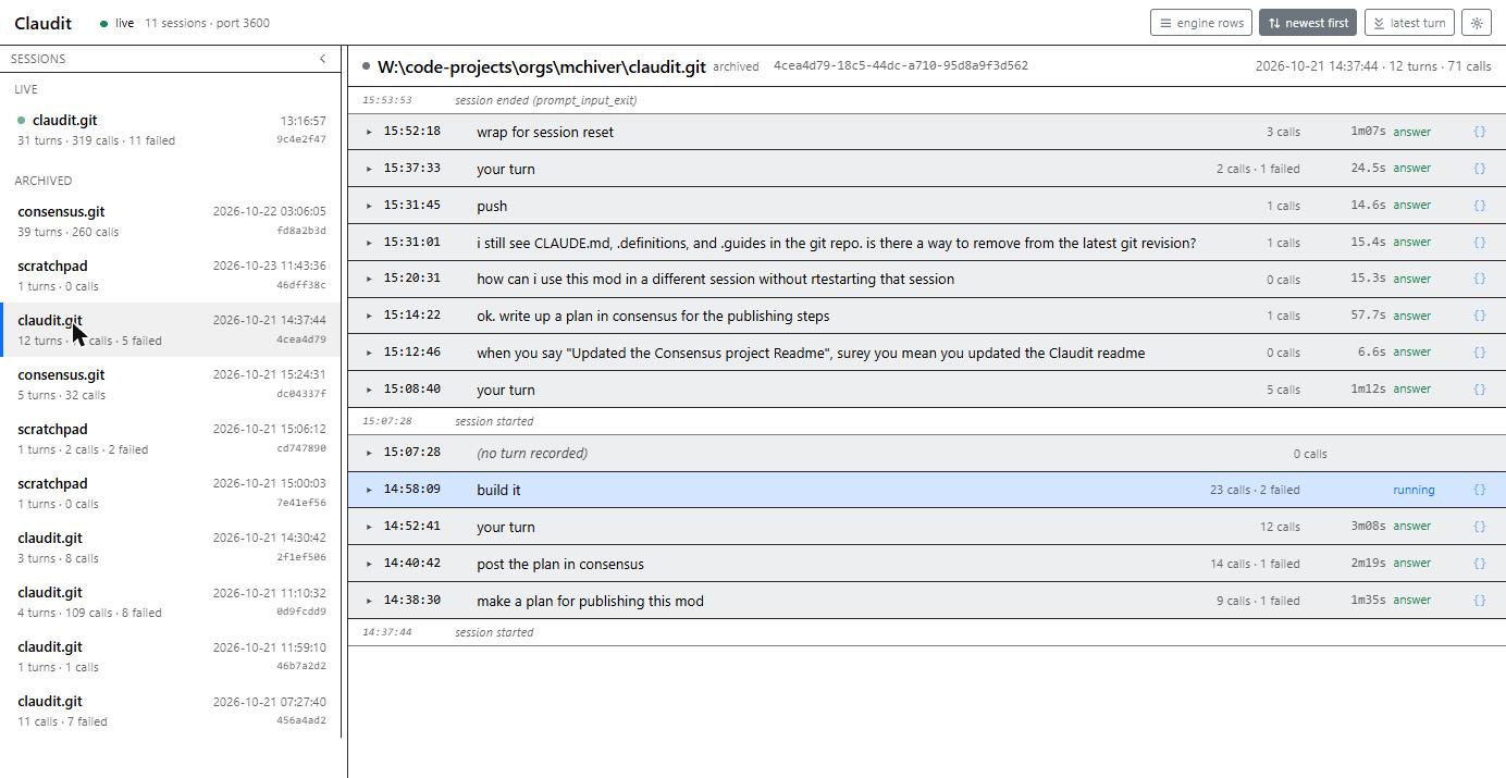 An archived session: its turns listed closed, with session started and session ended marks between them.