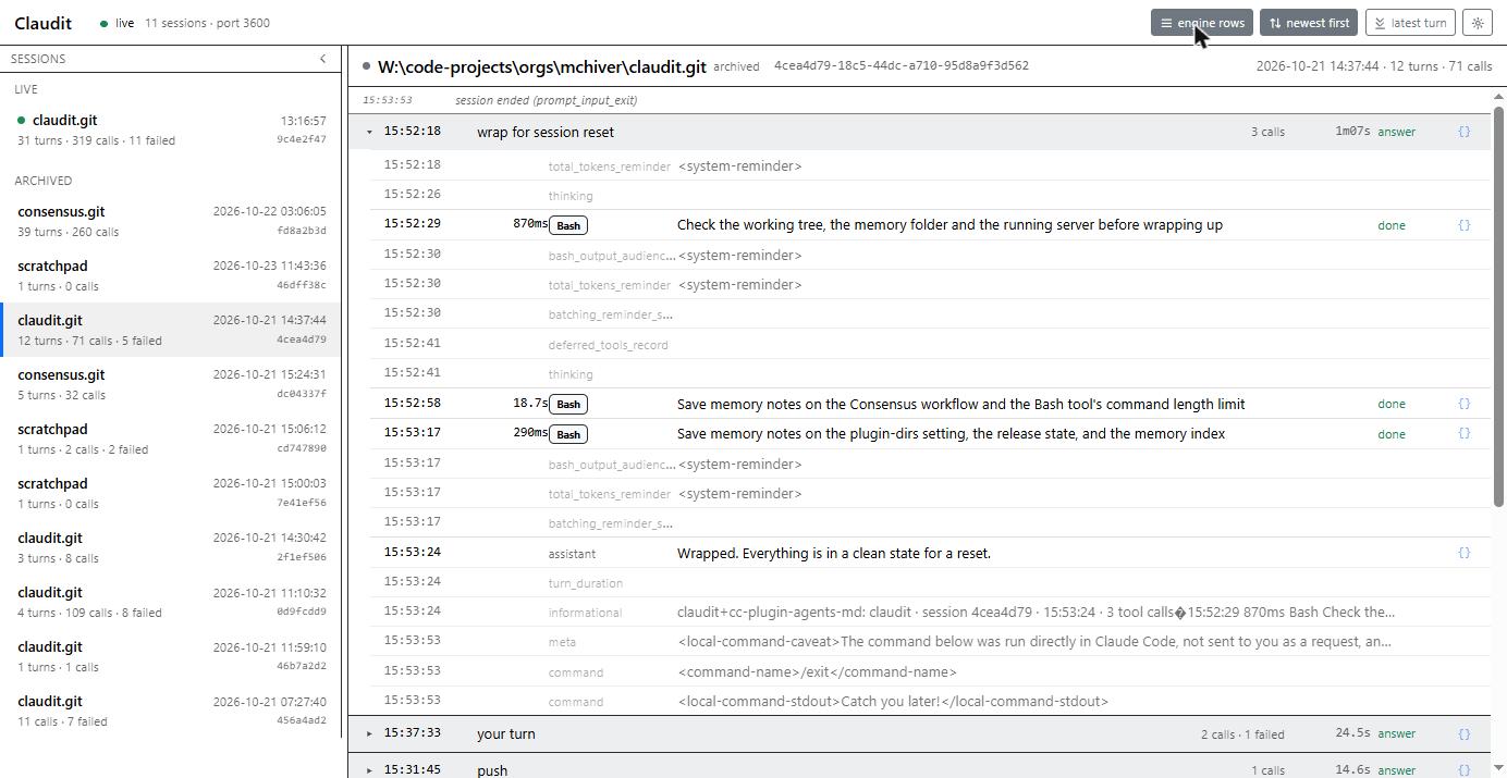 A turn with the engine rows shown dimmed between the tool calls: reminders, thinking and a notice.
