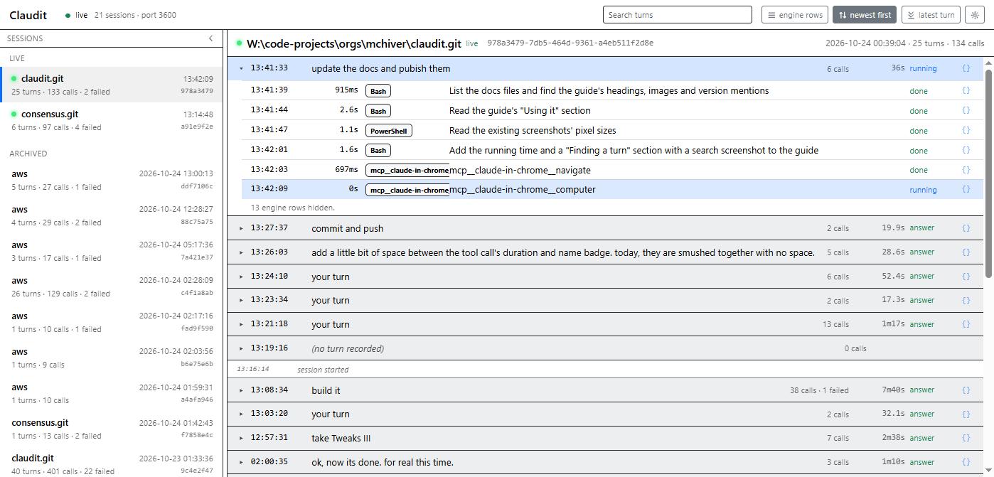 The Claudit web page: a list of sessions down the left, the selected session on the right as a tree of turns, the newest turn open and showing its tool calls.